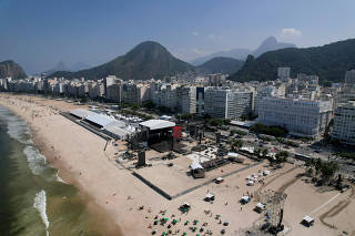 A drone view shows the stage for the pop star Madonna's concert in Copacabana beach, in Rio de Janeiro