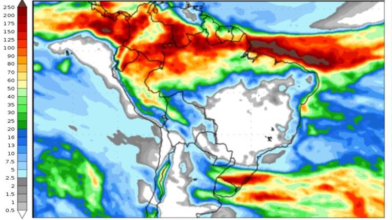 Imagem de satélite mostra a previsão de chuva para segunda semana de maio no país; os tons vermelhos indicam o maior volume de chuva, enquanto a área branca no centro é a massa de ar quente e seco que mantém a onda de calor