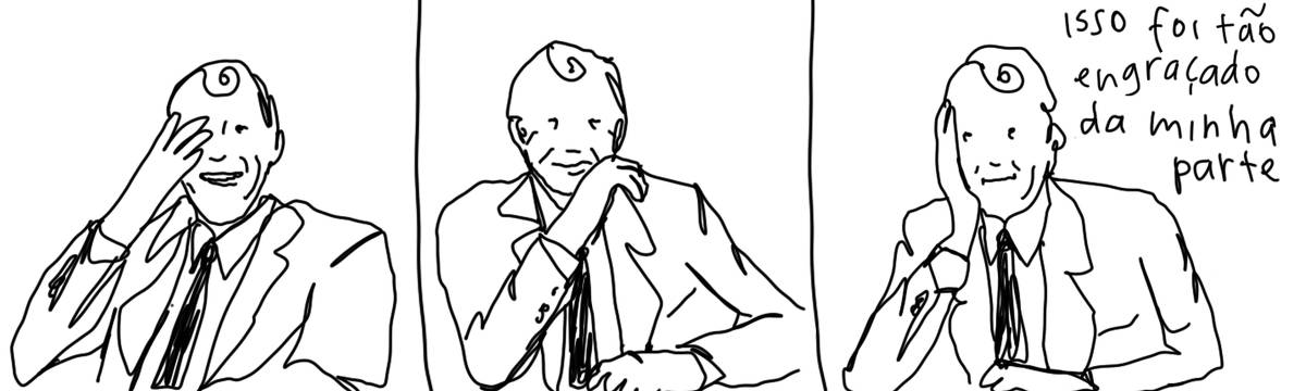 A tirinha em preto e branco de Estela May, publicada em 01/05/24, traz três quadros de um homem de terno rindo sozinho. No último, ao lado do desenho, “isso foi tão engraçado da minha parte”