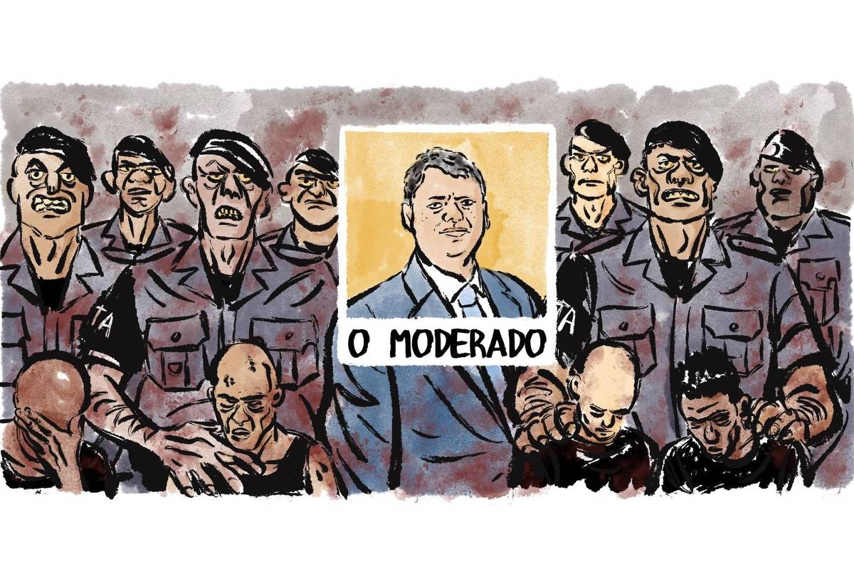  A charge mostra policiais vestindo fardas manchadas de sangue, segurando pessoas machucadas ajoelhadas em frente a eles. No centro o governador Tarcísio de Freitas também com o seu terno manchado de sangue, porém com uma moldura a partir do seu busto que o limpa e sem os policiais ao fundo.Na legenda dessa moldura está escrito "Moderado".