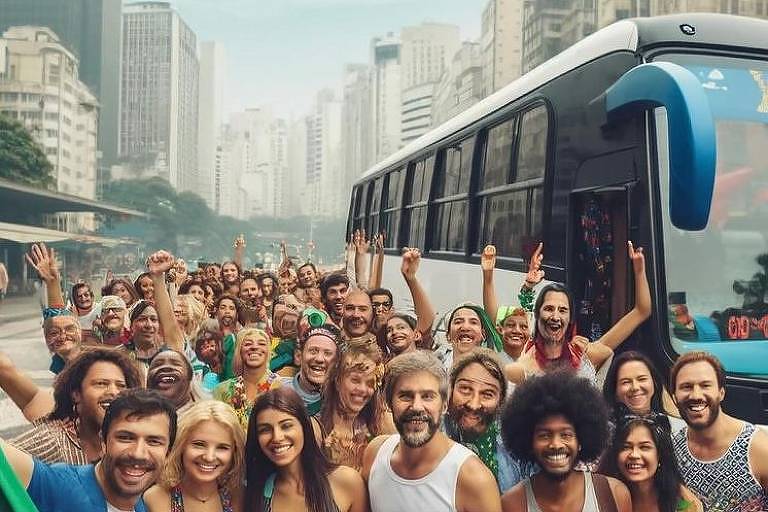 Foto mostra uma multidão com rostos deformados ao lado de um ônibus