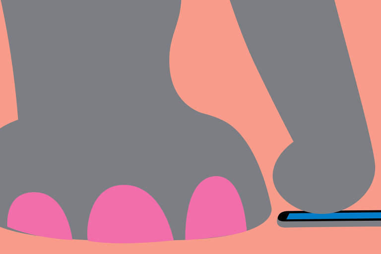 Ilustração colorida de um celular no chão com uma pata de elefante ao lado e uma tromba em cima do aparelho