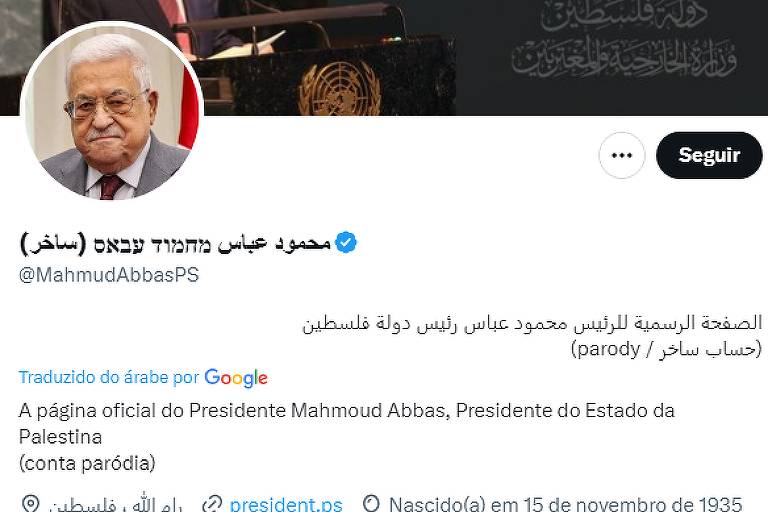 Captura de tela do perfil paródia do presidente do Estado Palestino, Mahmoud Abbas. 