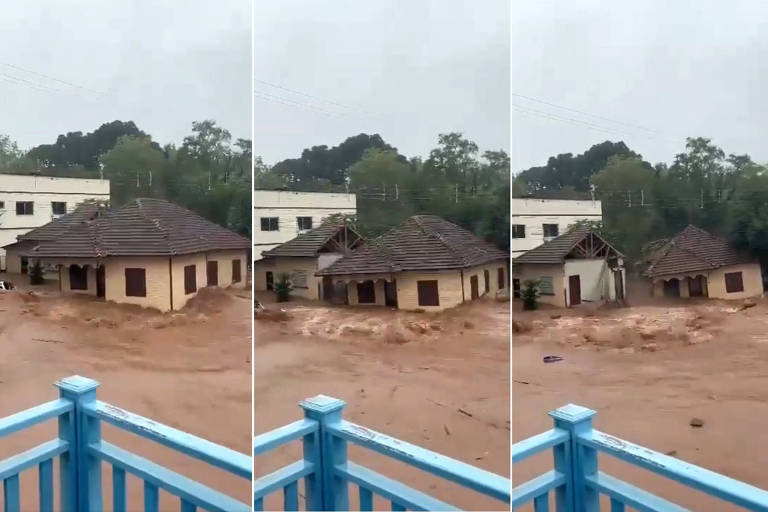 Na foto, uma montagem de três imagens mostra o momento que parte de uma casa se desprende e é levada pela enxurrada