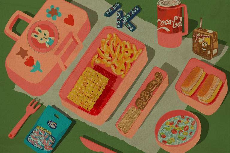 arte ilustra uma lancheira infantil aberta sobre uma toalha e repleta de alimentos ultraprocessados