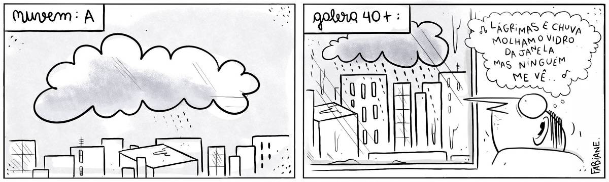 A tira Viver Dói, de Fabiane Langona, publicada em 03/05/2024 é composta por dois quadros. Em seu primeiro quadro, a tira mostra o alto de uma cidade e uma nuvem formando chuva. No quadro seguinte, vemos a nuvem, agora totalmente carregada, a chuva caiu sobre os prédios. Um rapaz com um Airpod observa a cena através de uma grande janela balançando a cabeça ao ritmo de uma canção do conjunto musical Kid Abelha. No quadrinho 1, uma legenda narrativa diz: "Nuvem: A". No quadrinho 2, uma legenda narrativa diz: "Galera 40+". Um balão de pensamento sobre a cabeça do rapaz, diz: "Lágrimas e chuva / Molham o vidro da janela / Mas ninguém me vê". 