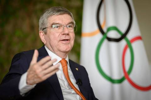 IOC President Thomas Bach speaks during an interview with AFP ahead of the Paris 2024 Olympic Games at the IOC headquarters in Lausanne on April 26, 2024. (Photo by GABRIEL MONNET / AFP)
