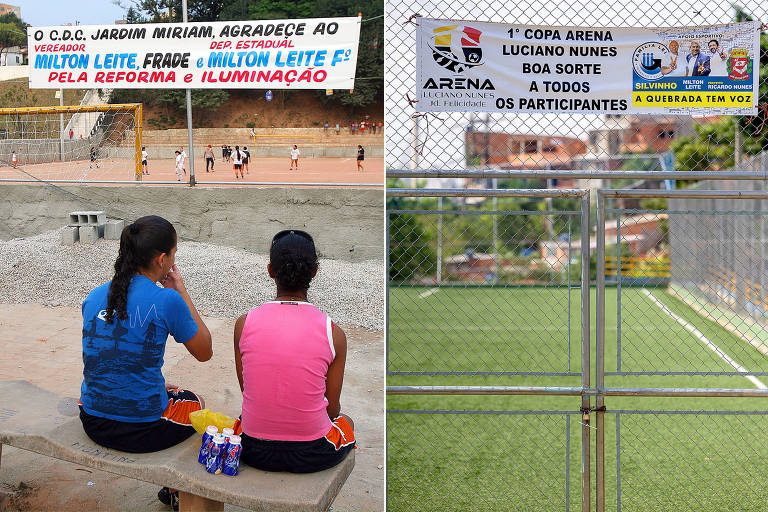 Montagem mostra campos de futebol na zona sul de São Paulo com faixas de agradecimento a Milton Leite e seus filhos e aliados; à esq., em 2007, no Jardim Miriam; à dir. em abril de 2024, no Jardim São Luís
