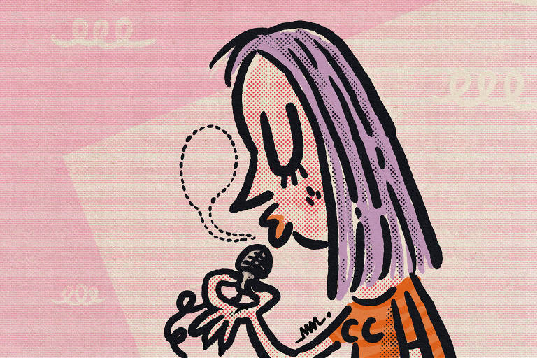 Na ilustração de Marcelo Martinez, uma jovem mulher sussurra em um pequeno microfone