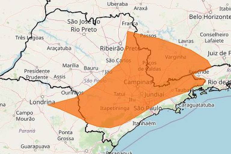 Faixa laranja no mapa de São Paulo pega a região metropolitana