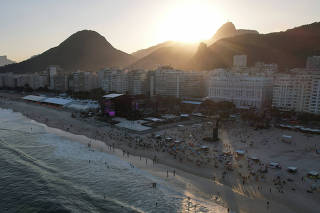 A drone view shows the stage for pop star Madonna's concert on May 4, at Copacabana beach