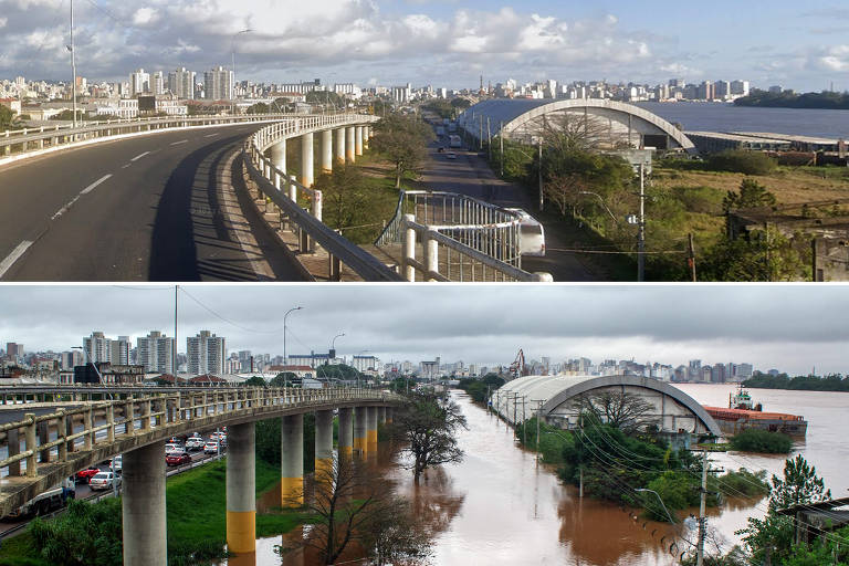 Veja fotos de antes e depois da enchente histórica em Porto Alegre