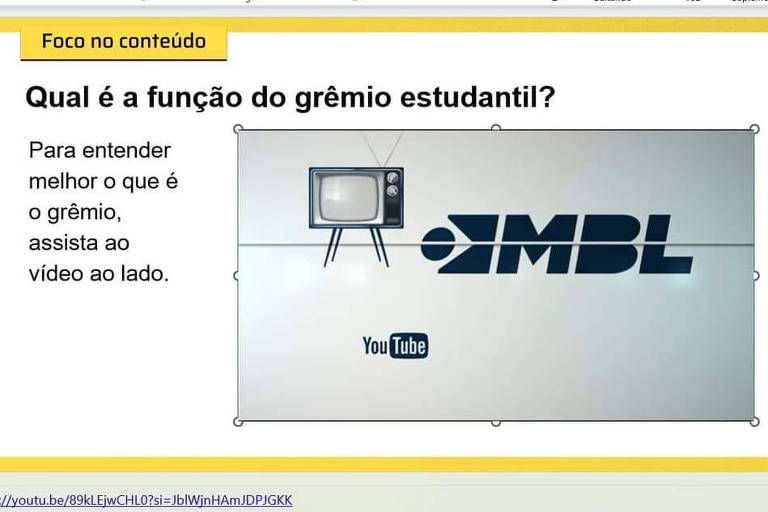 Aula da gestão Tarcísio usa vídeo do MBL – 03/05/2024 – Educação