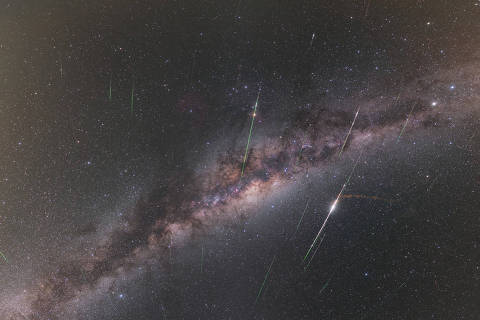 The Eta Aquariids meteor shower captured by astrophotographer Petr Horálek, near San Pedro de Atacama, Chile. The Eta Aquariids meteors are caused by leftover debris from Halley?s comet and make up the bright, arrow-like darts of light in the photo. The luminous object towards the bottom of the sky is Venus. Directly above Venus is Jupiter, followed by the bright red Mars, and then Saturn. 