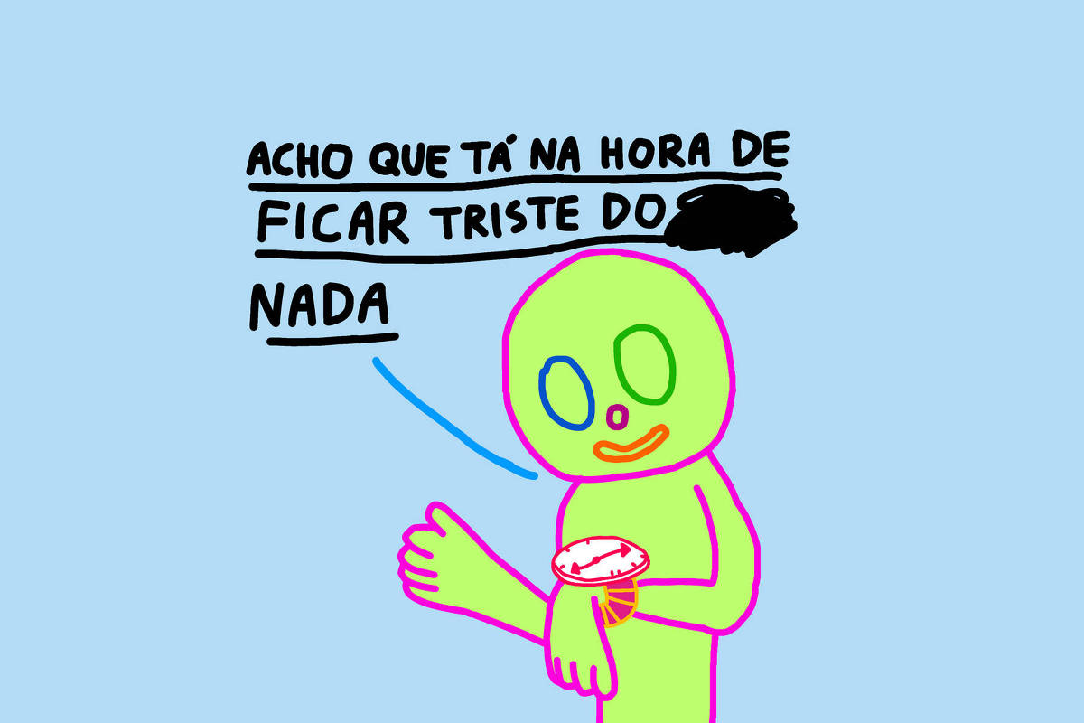 A imagem apresenta um personagem de desenho animado com expressão pensativa, segurando uma tigela, e dizendo "Acho que tá na hora de ficar triste do nada", sugerindo um momento de reflexão humorística sobre sentimentos súbitos e inexplicáveis.