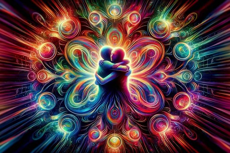 ilustração colorida mostra dois personagens se abraçando e, do abraço, luzes de mil cores se expandindo em voluptuosas curvas e raios agregadores de amores universais :)