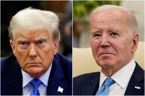 FILE PHOTO: Combination picture showing former U.S. President Donald Trump attending the Trump Organization civil fraud trial, in New York State Supreme Court in the Manhattan borough of New York City, U.S., November 6, 2023 and U.S. President Joe Biden participating in a meeting with Italy's Prime Minister Giorgia Meloni in the Oval Office at the White House in Washington, U.S., March 1, 2024. REUTERS/Brendan McDermid and Elizabeth Frantz/File Photo ORG XMIT: FW1