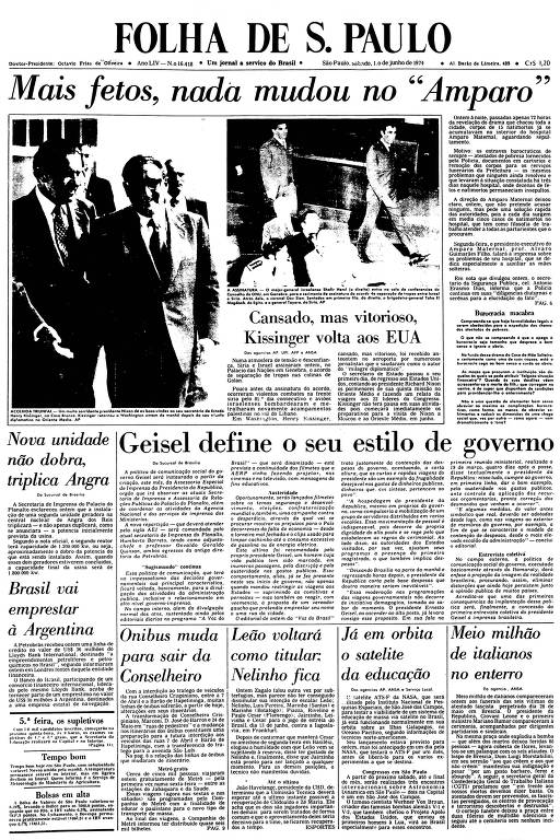 Primeira Página da Folha de 1º de junho de 1974