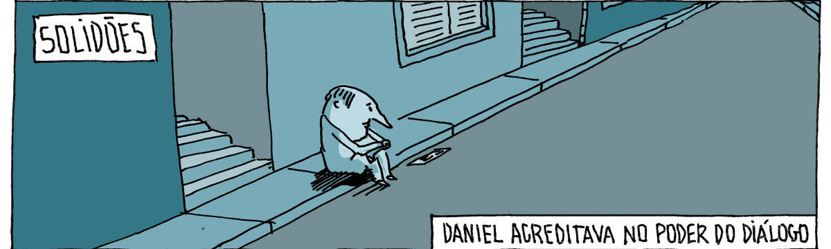 A tira de André Dahmer, publicada em 06.05.2024, tem apenas um quadro. Intitulado "Solidões", mostra um homem solitário sentado na sarjeta de uma rua deserta e escura. Ele tem o semblante triste. Uma outra legenda diz: "Daniel acreditava no poder do diálogo".