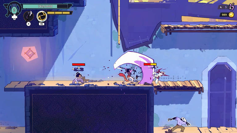 Um personagem de videogame está em meio a uma batalha contra criaturas em um cenário de plataforma. O ambiente é colorido e apresenta elementos de um jogo de ação e aventura, com ícones de saúde e energia no canto superior esquerdo, sugerindo uma jogabilidade dinâmica e desafiadora.
