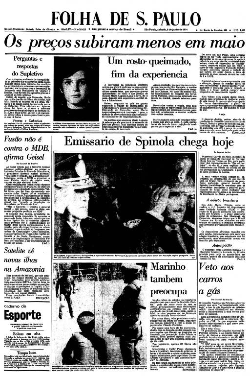 Primeira Página da Folha de 8 de junho de 1974