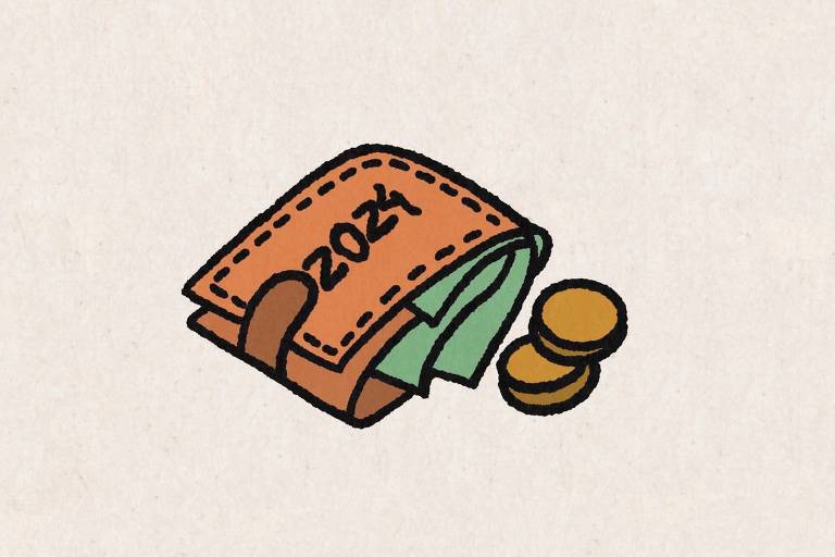 Carteira escrito 2024 com notas e moedas saindo 
