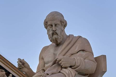The statue of Plato by the Greek sculptor Leonidas Drosis (1836-1882) in the gardens of the Academy of Athens on October 25, 2019