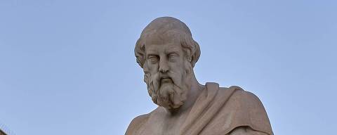 The statue of Plato by the Greek sculptor Leonidas Drosis (1836-1882) in the gardens of the Academy of Athens on October 25, 2019