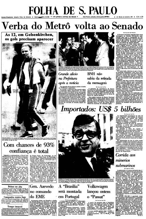 Primeira Página da Folha de 22 de junho de 1974