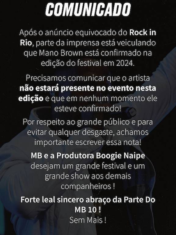 Post da assessoria do Mano Brown negando a participação no Rock in Rio