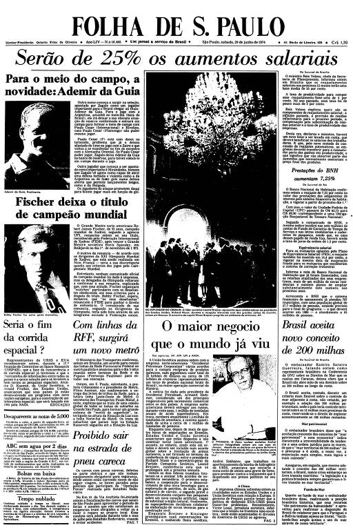 Primeira Página da Folha de 29 de junho de 1974
