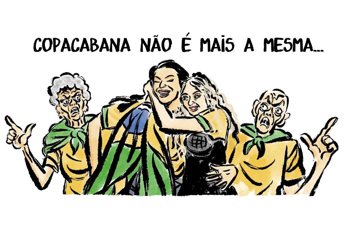 Charge tem o título "Copacabana não é mais a mesma" e no centro a cantora Pabllo Vittar abraçada a cantora Madonna envolvidas pela bandeira do Brasil. E atrás delas um casal de senhores furiosos, vestindo verde e amarelo, e fazendo arminha com as mãos.