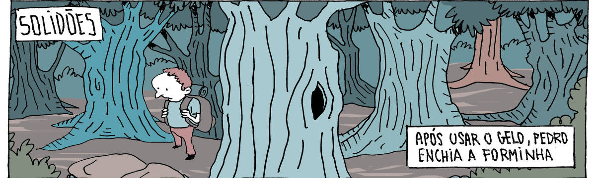 A tira de André Dahmer, publicada em 08.05.2024, tem apenas um quadro. Intitulado "Solidões", mostra um homem sozinho em uma floresta escura. Outra legenda diz: "Após usar o gelo, Pedro enchia a forminha".
