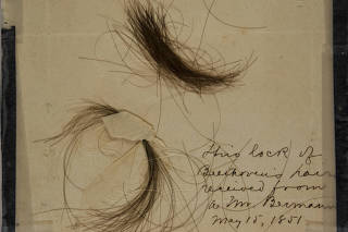 In an undated photo from Kevin Brown, two authenticated locks of Beethoven's hair collected by Alexander Thayer, which were found to contain astounding levels of lead per gram of hair. (Kevin Brown via The New York Times)