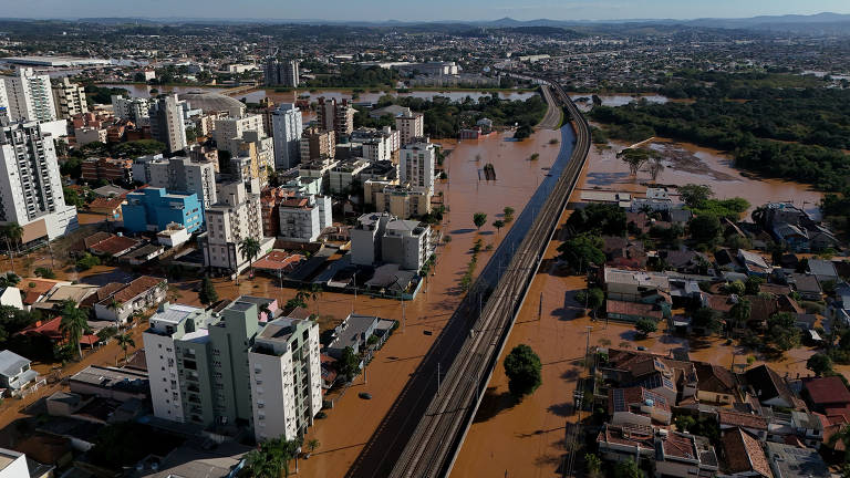 Região central de São Leopoldo, município da região metropolitana de Porto Alegre, completamente alagada pelas fortes chuvas no Rio Grande do Sul