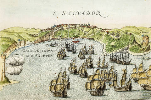 Gravura mostra vista da Baía de Todos-os-Santos em batalha naval na Invasão Holandesa