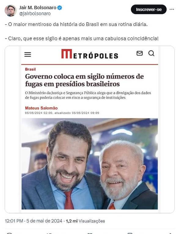 Montagem publicada por Jair Bolsonaro em suas redes sociais; foto de Lula e Boulos não estava na reportagem