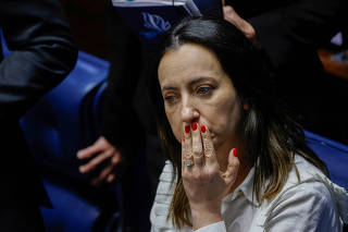 Rosangela Moro, Brazilian MP and wife of the senator Sergio Moro, reacts during a session of the Federal Senate in Brasilia