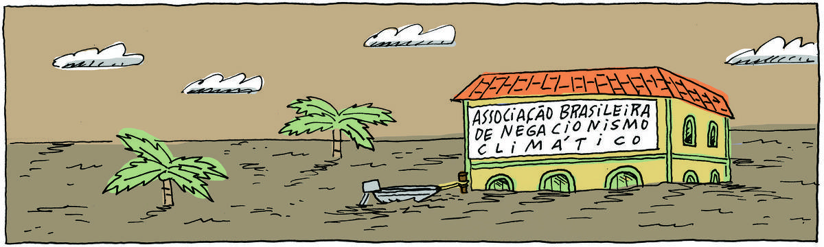 A tirinha BICUDINHO, publicada em 09/05/2024, traz a imagem de uma casa em estilo colonial, semi-afundada em meio a uma grande enchente. Na fachada, a placa: ASSOCIAÇÃO BRASILEIRA DE NEGACIONISMO CLIMÁTICO.