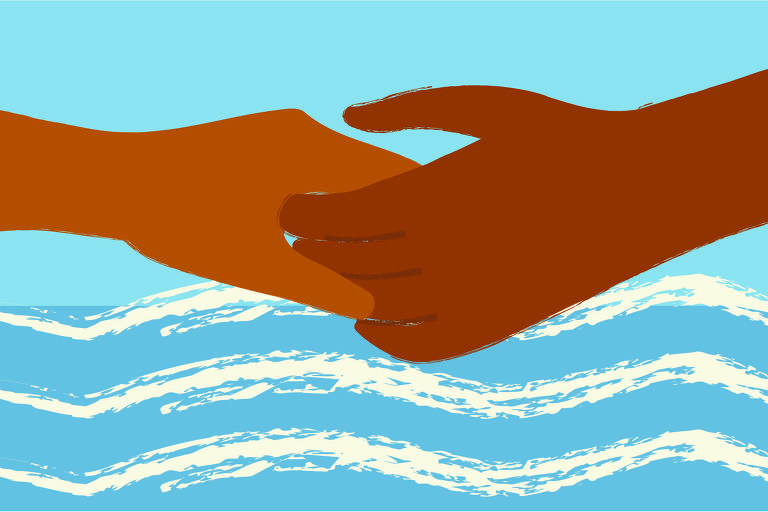 Sobre um fundo com o mar azul e poucas ondas está a ilustração de uma mão segurando outra.