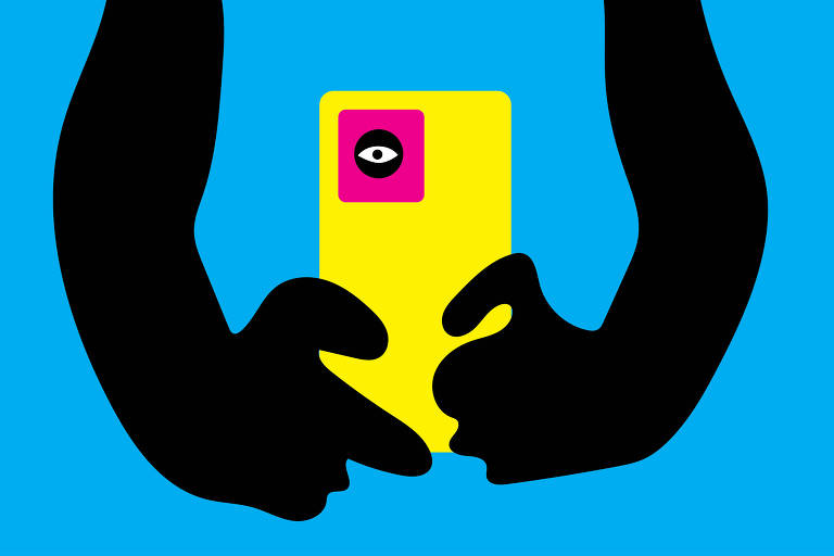 ilustração colorida de duas mãos pretas segurando um celular amarelo com um olho no lugar da câmera.