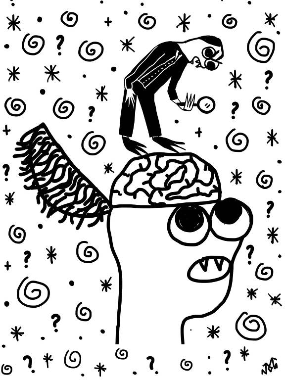 desenho em preto e branco de homem pequeno entrando em cérebro de cabeça maior