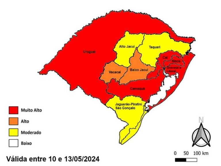 Mapa mostra o risco de ocorrer danos pela nova chuva no Rio Grande do Sul entre esta sexta e a próxima segunda-feira (13)