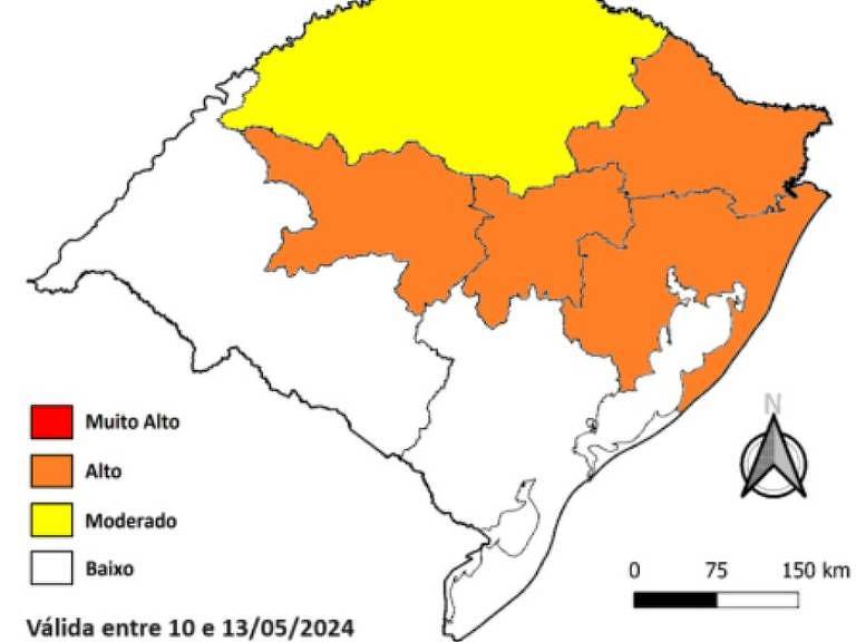 Mapa mostra a probabilidade de ocorrência de deslizamentos de terra nas regiões do Rio Grande do Sul mais afetadas pela chuva