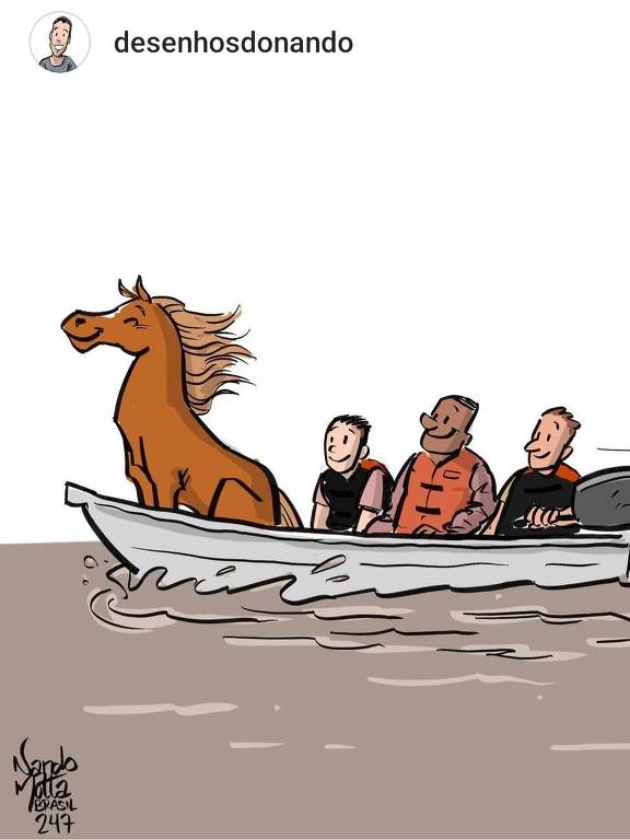 Desenho do cavalo Caramelo no barco com seus socorristas
