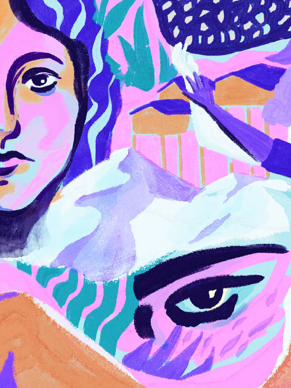 Ilustração colorida exibe rosto feminino e elementos abstratos em tons de roxo, azul e rosa