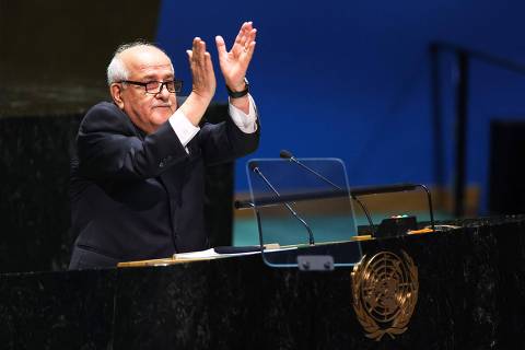 Palestinian Ambassador to the United Nations Riyad Mansour speaks during a special session of the UN General Assembly regarding the Palestinian bid for full membership to the UN, at UN headquarters in New York City on May 10, 2024. A veto from the United States during an April 18, 2024 UN Security Council meeting previously foiled the Palestinians' drive for full UN membership. (Photo by Charly TRIBALLEAU / AFP)