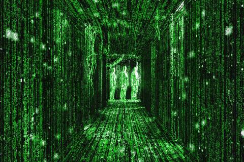 Cena de 'Matrix'; ponto de vista de Neo, interpretado por Keanu Reeves, em um corredor com agentes ao fundo