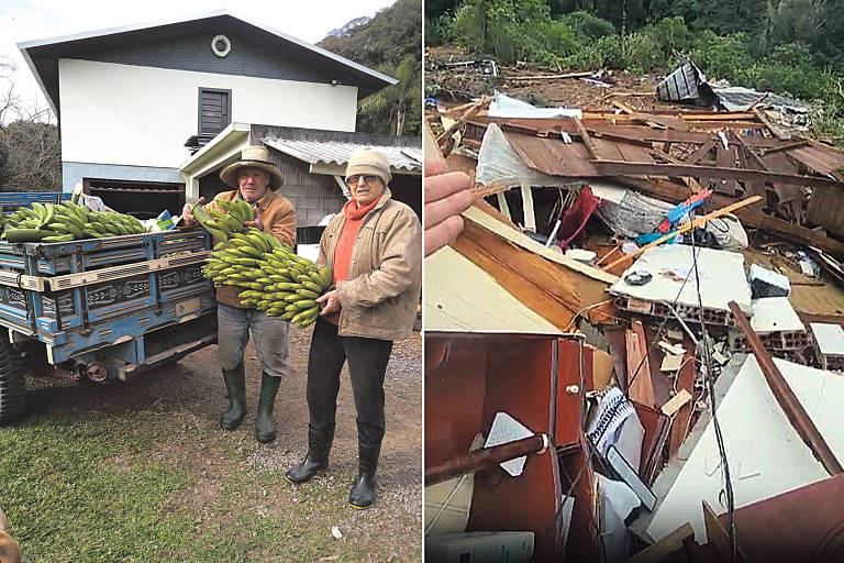 idosos segurando cachos de banan em uma foto, seguida por uma foto de casa destruída