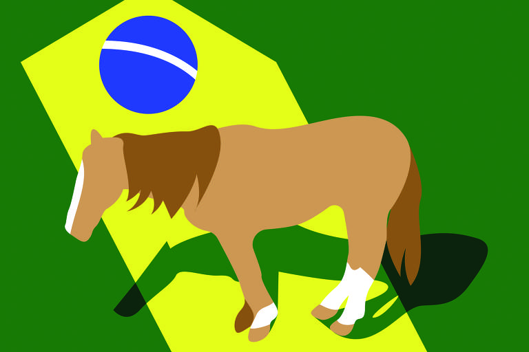 A imagem apresenta um gráfico estilizado com três elementos principais sobre um fundo verde e amarelo, que remete à bandeira brasileira devido ao esquema de cores e à presença de uma esfera azul com estrelas brancas. A figura central é um cavalo marrom com crina e cauda mais escuras, e marcações brancas no rosto e nas pernas, projetando uma sombra no chão.